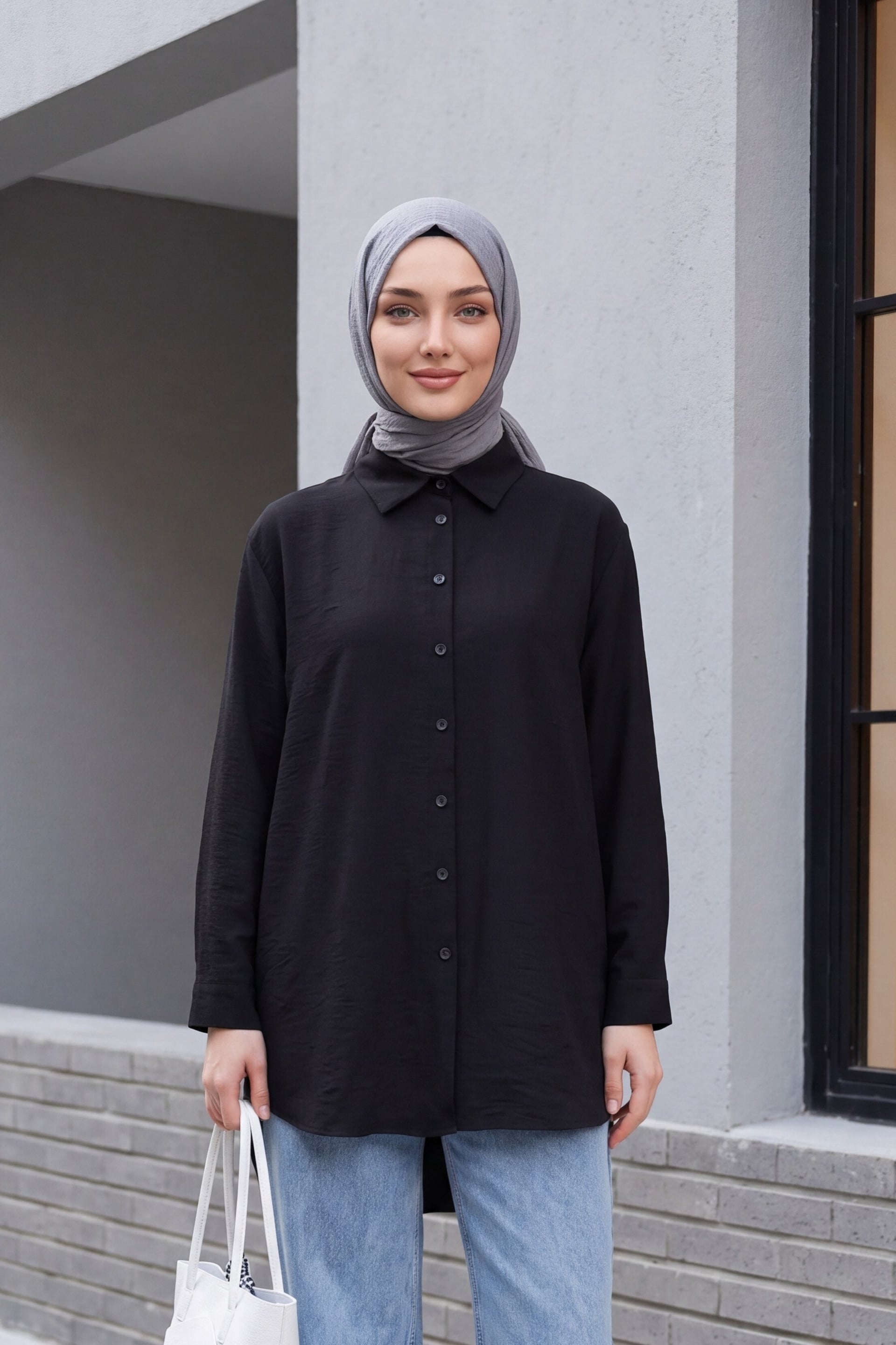 Long Back Button Poplin Shirt - Black - Podyumplus - by Peralane - photo 2