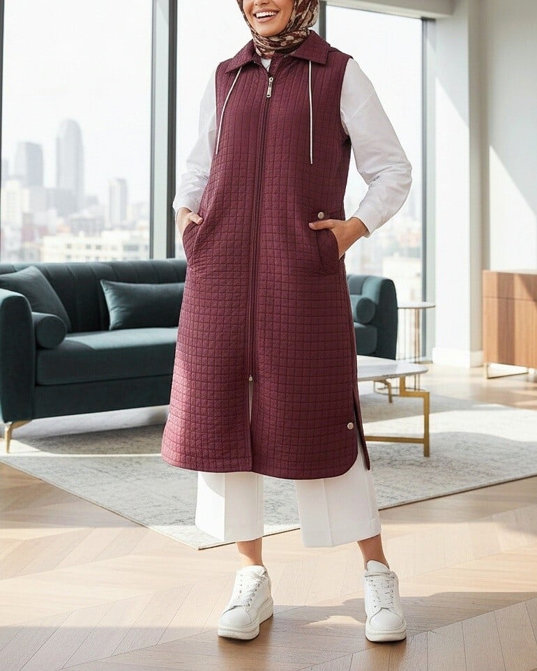 Long Quilted Zip-Up Hooded Vest with Pockets - Bordeaux - Podyumplus - by Peralane - photo 2
