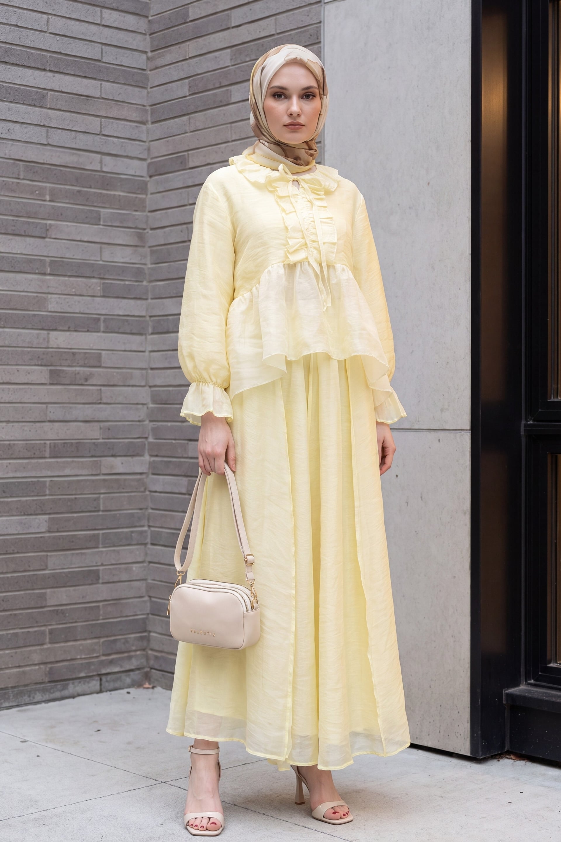 Tie Neck Ruffle Sleeve Asymmetric Tulle Voile Set - Pale Yellow - Podyumplus - by Peralane