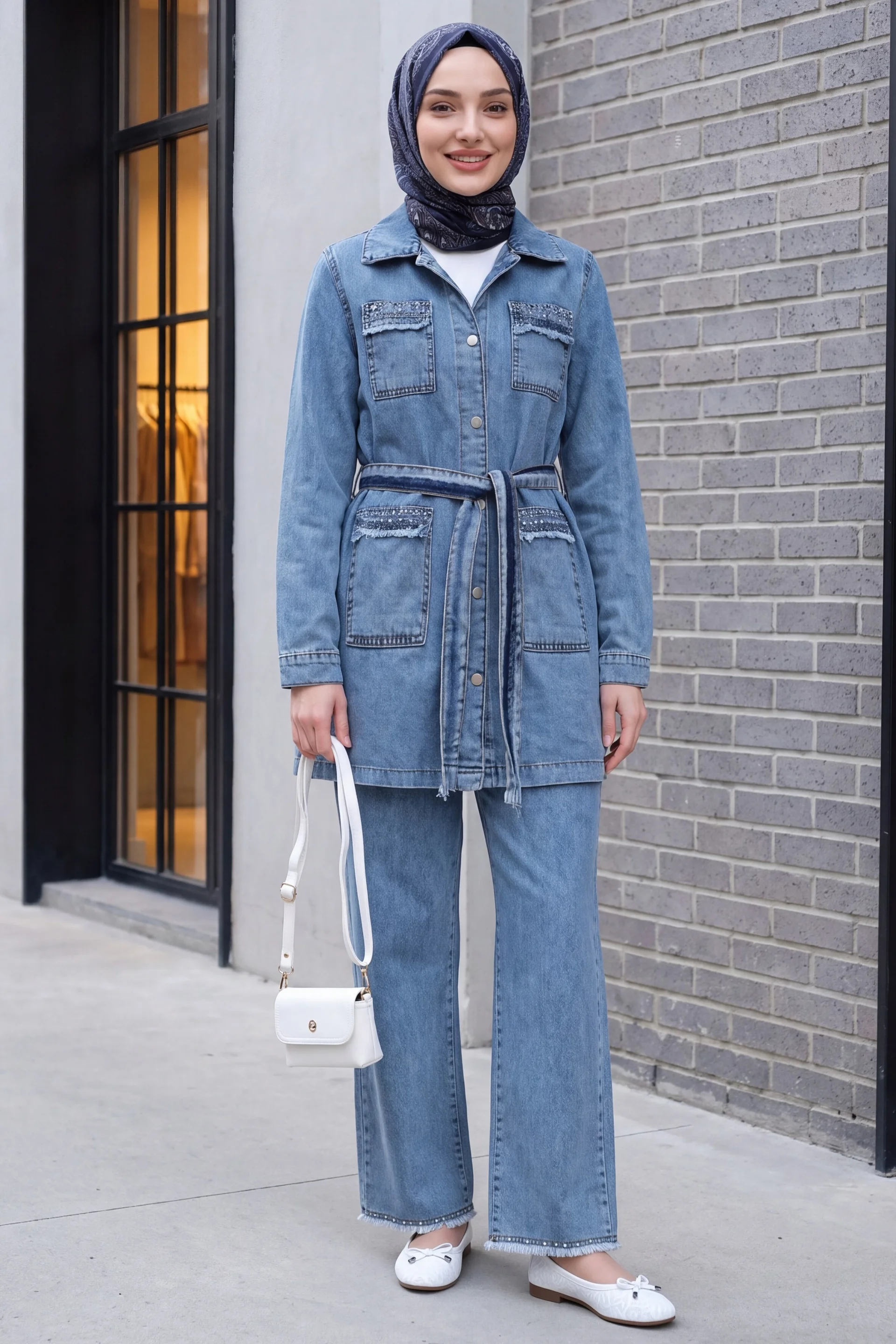 Stone Detail Denim Jacket and Trousers Co-ord Set - Ice Blue - Podyumplus - by Peralane - photo 2