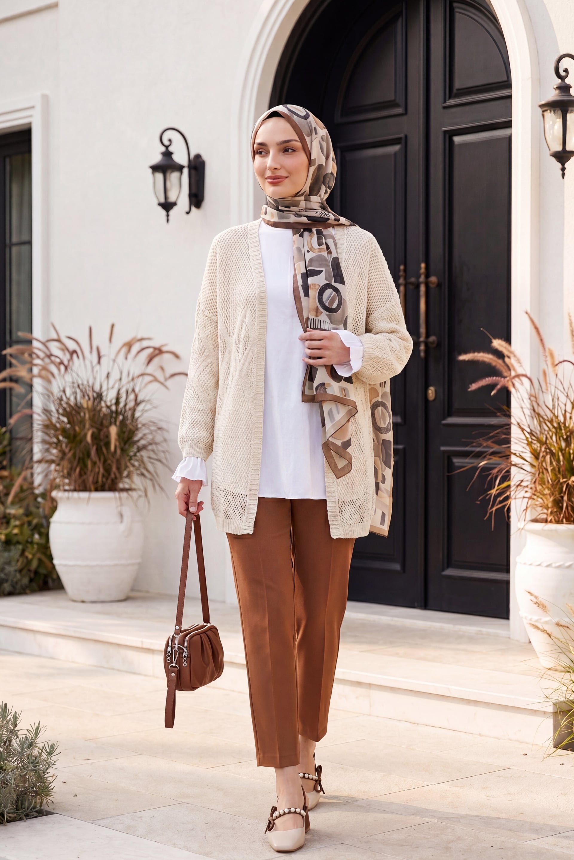 Cream Diamond Pattern Open-Front Knit Cardigan - Podyumplus - by Peralane - photo 4