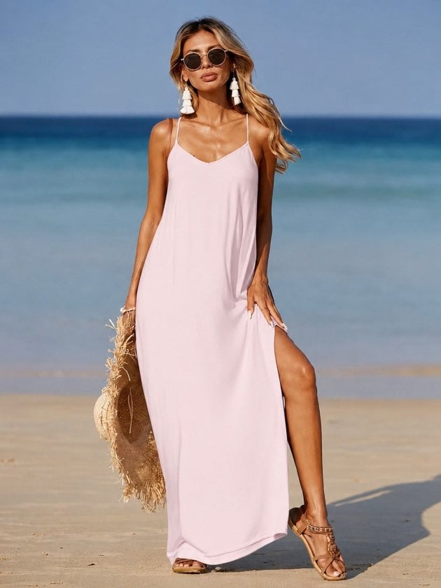 Women's Spaghetti Strap V-Neck Maxi Dress with Back Cross Detail and Side Slit - Janes - by Peralane