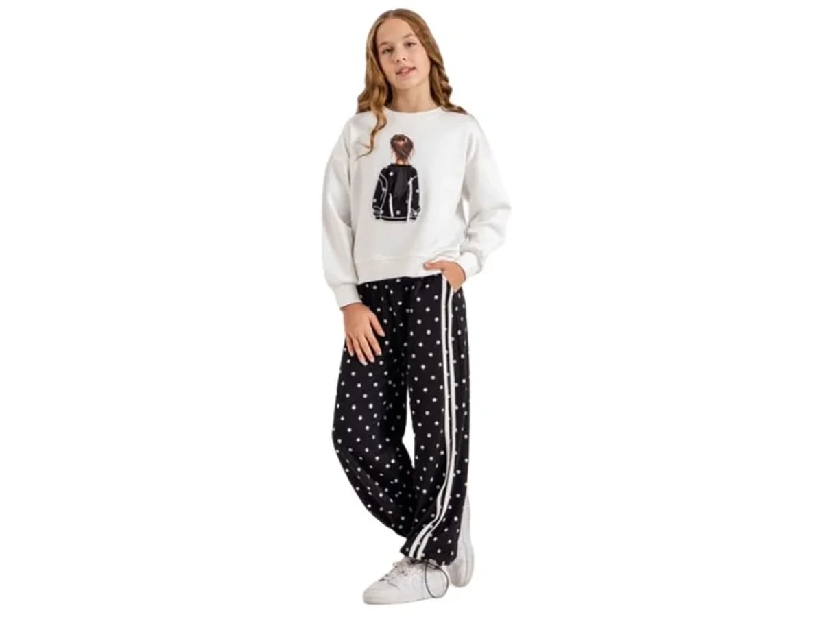 Polka Dot Girls' Loungewear Set - White and Black - ÖZ Bebe - by Peralane