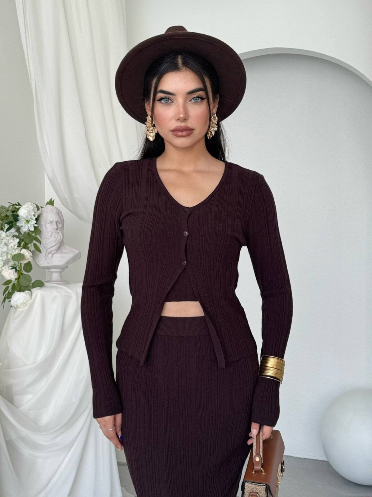 Dark Brown Ribbed Knit Three-Piece Set for Women - Etika - by Peralane - photo 5