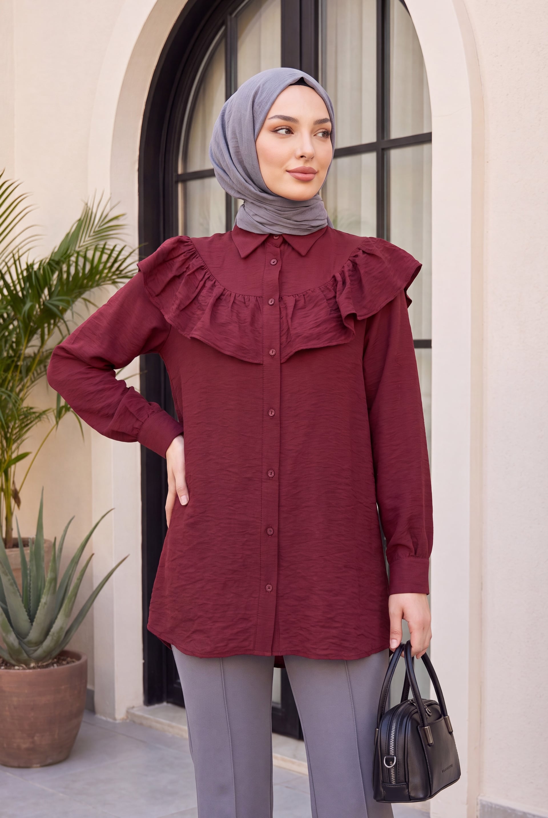 Ruffled Yoke Buttoned Rayon Tunic - Bordeaux - Podyumplus - by Peralane - photo 2