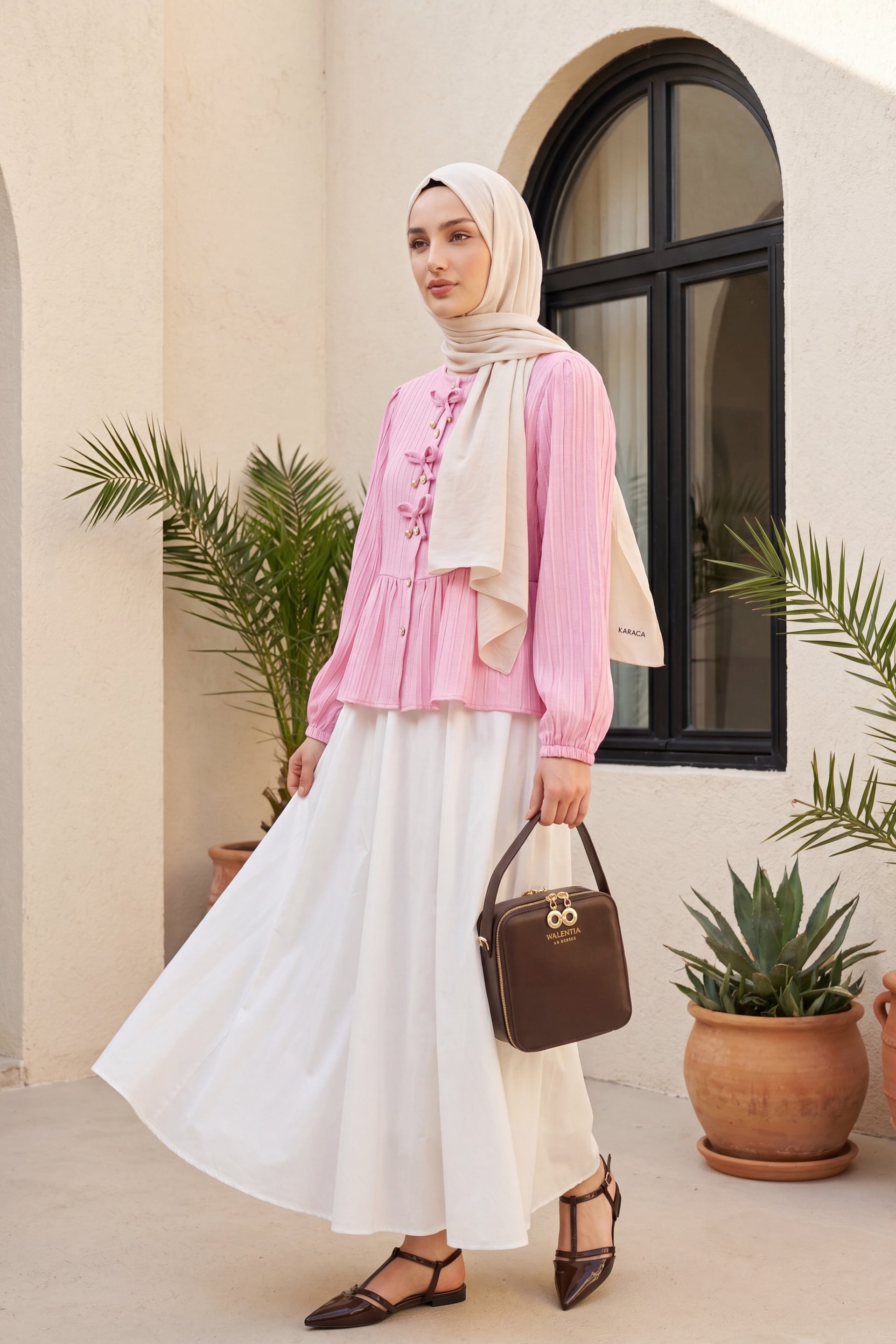 Pink Peplum Blouse with Bow Details and Long Sleeves - Podyumplus - by Peralane - photo 3