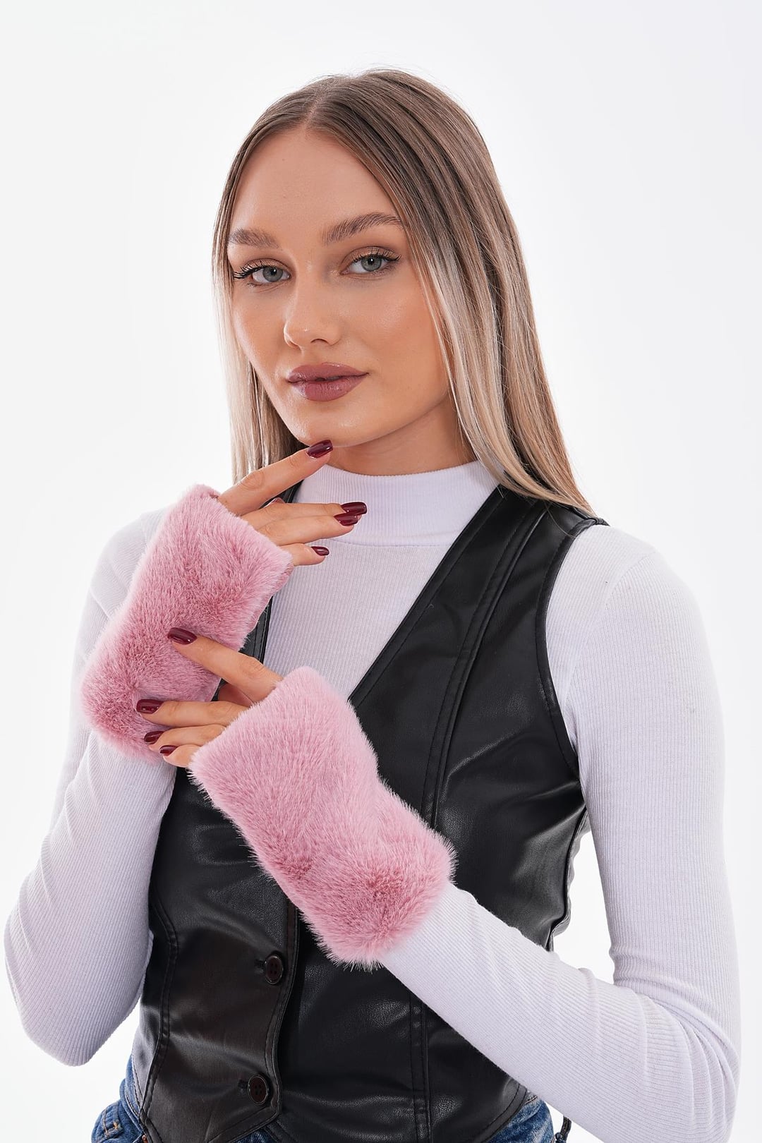 Pink Faux Fur Fingerless Gloves - Nesvay - by Peralane