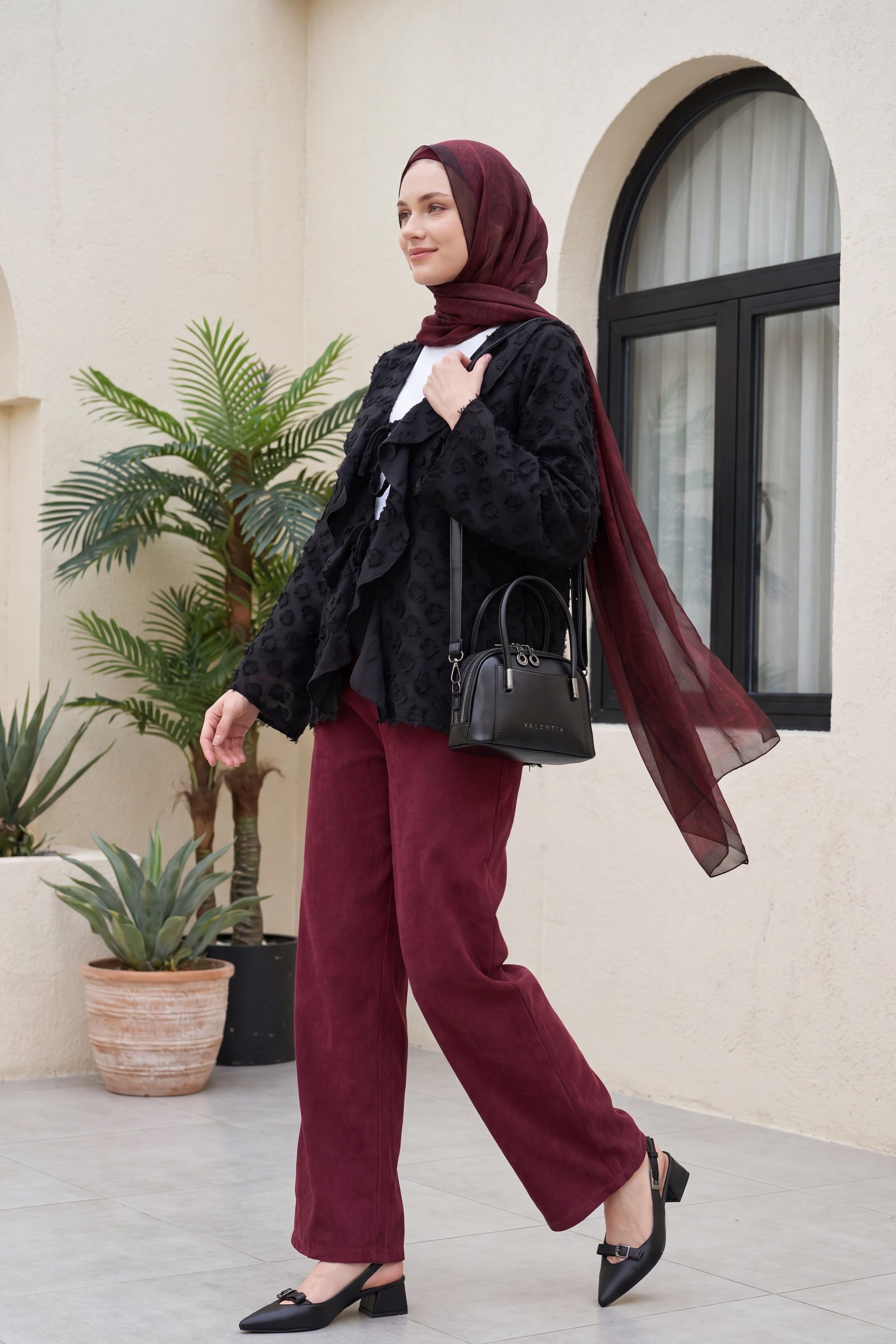 Black Ruffled Tie-Front Jacquard Kimono Jacket - Podyumplus - by Peralane - photo 4