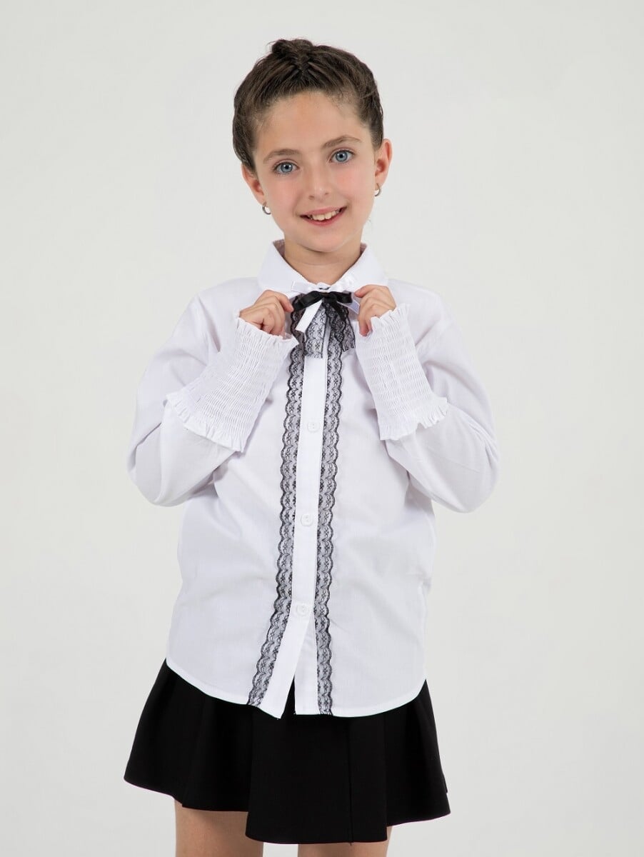 Girls' School Blouse with Lace Trim and Bow - White - Busra Bebe - by Peralane