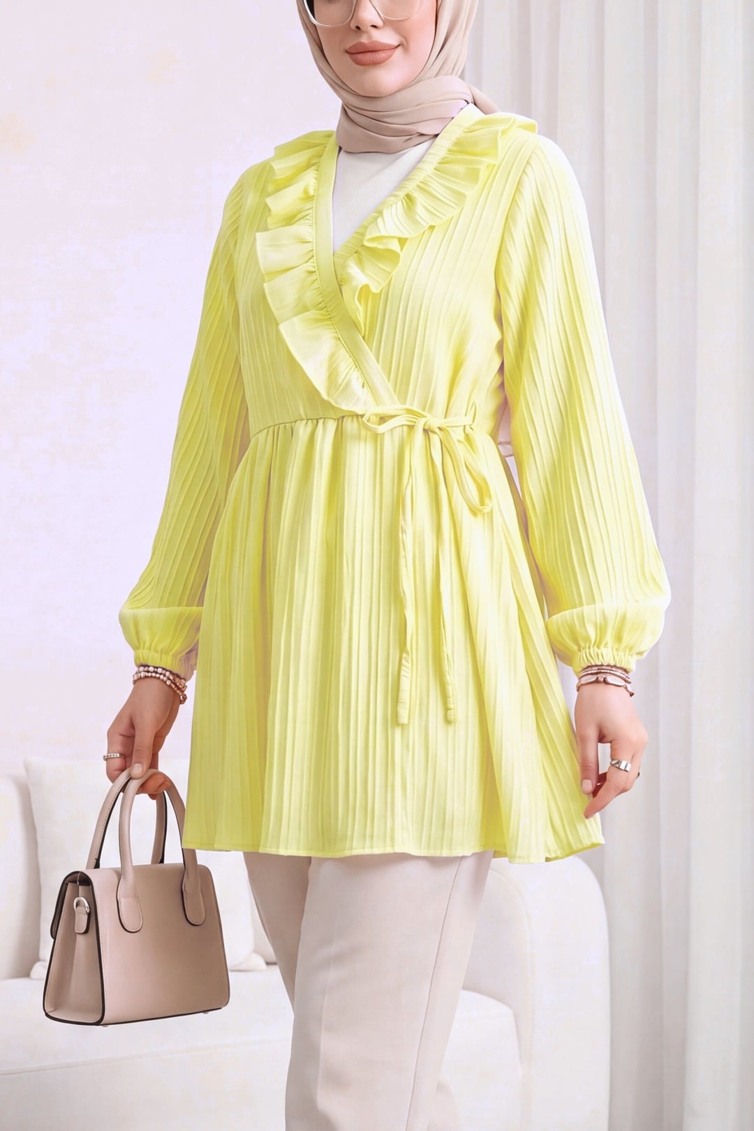 Ruffled Wrap Front Kimono with Elastic Cuffs - Yellow - Podyumplus - by Peralane