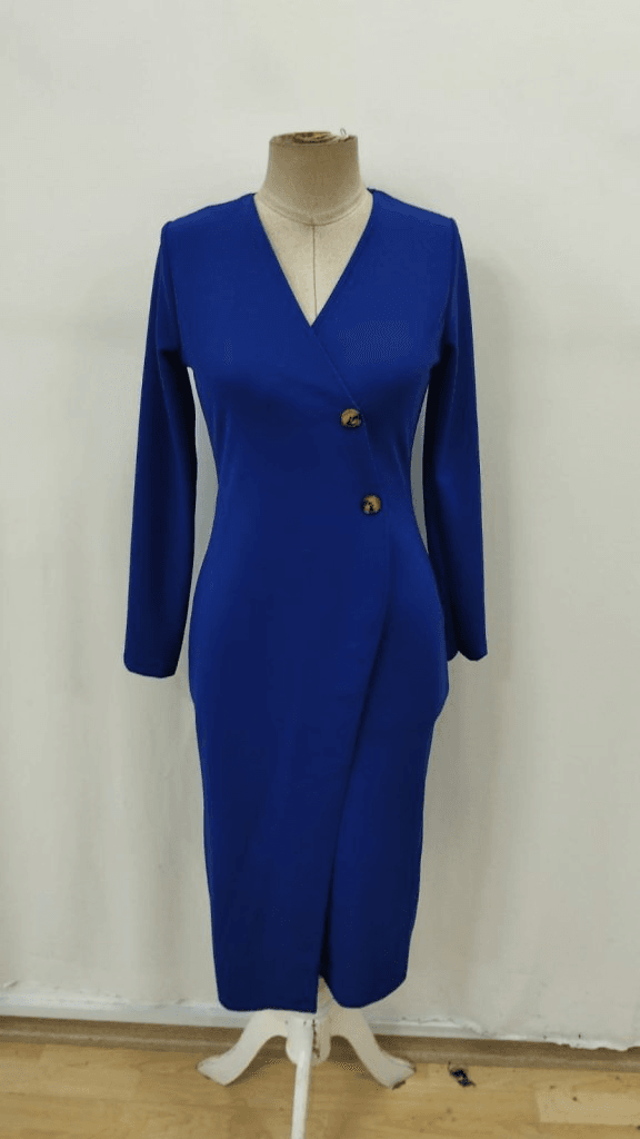 Women's Long-Sleeved Wrap Midi Dress with Side Buttons and Lapel Detail in Royal Blue - Janes - by Peralane - photo 5