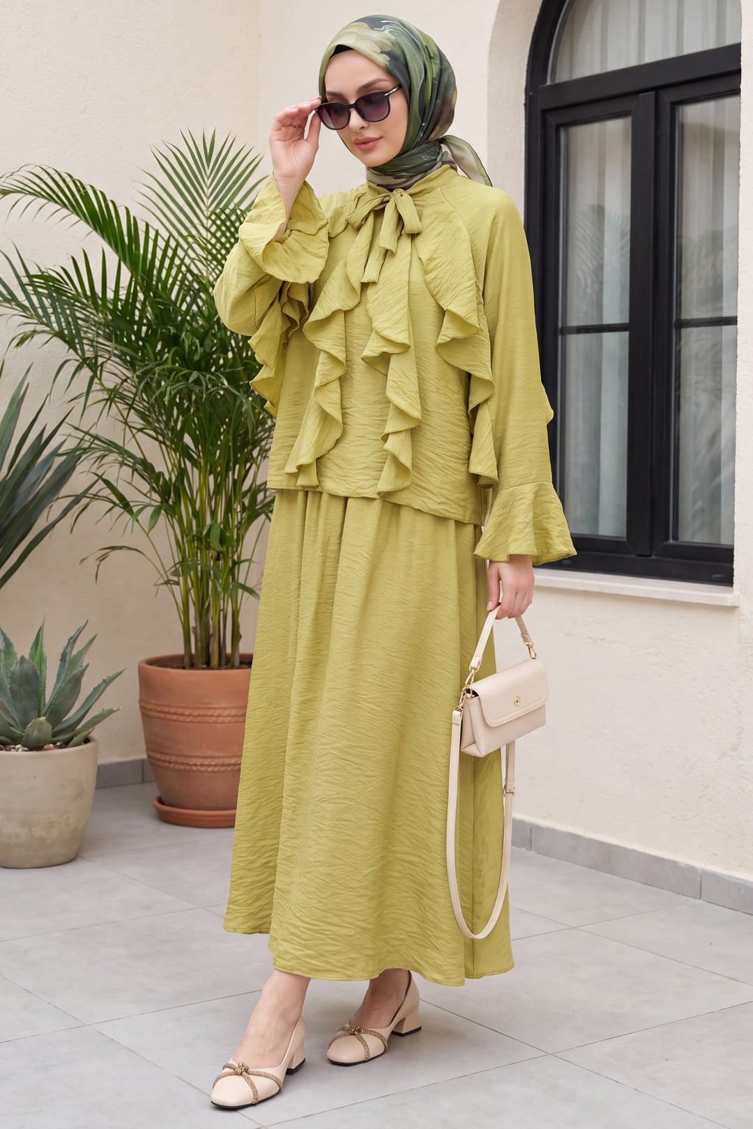 Tie-Neck Ruffle Detail Lined Tulle Modal Modest Set – Olive Green - Podyumplus - by Peralane - photo 2