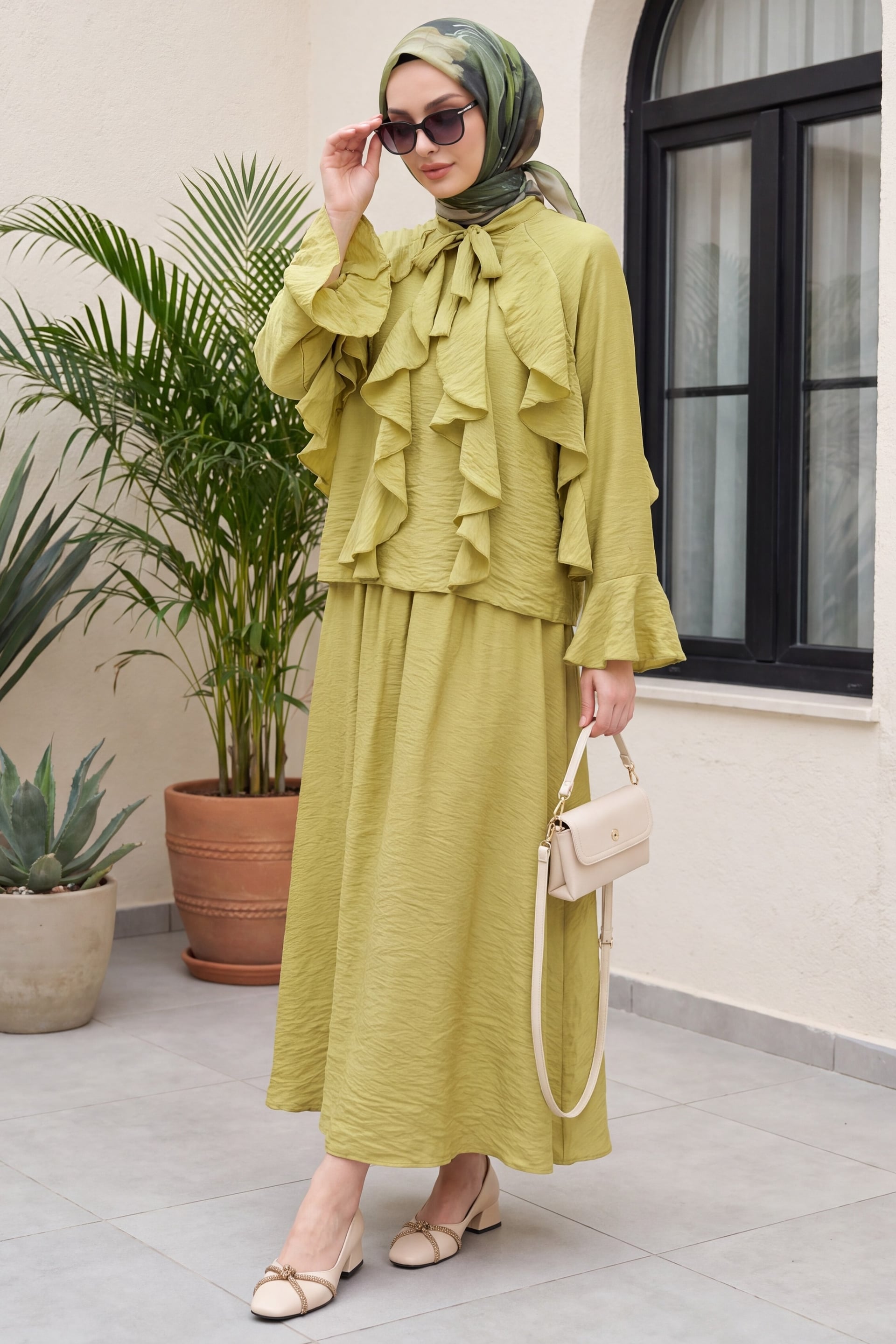 Tie-Neck Ruffle Detail Lined Tulle Modal Modest Set – Olive Green - Podyumplus - by Peralane - photo 2
