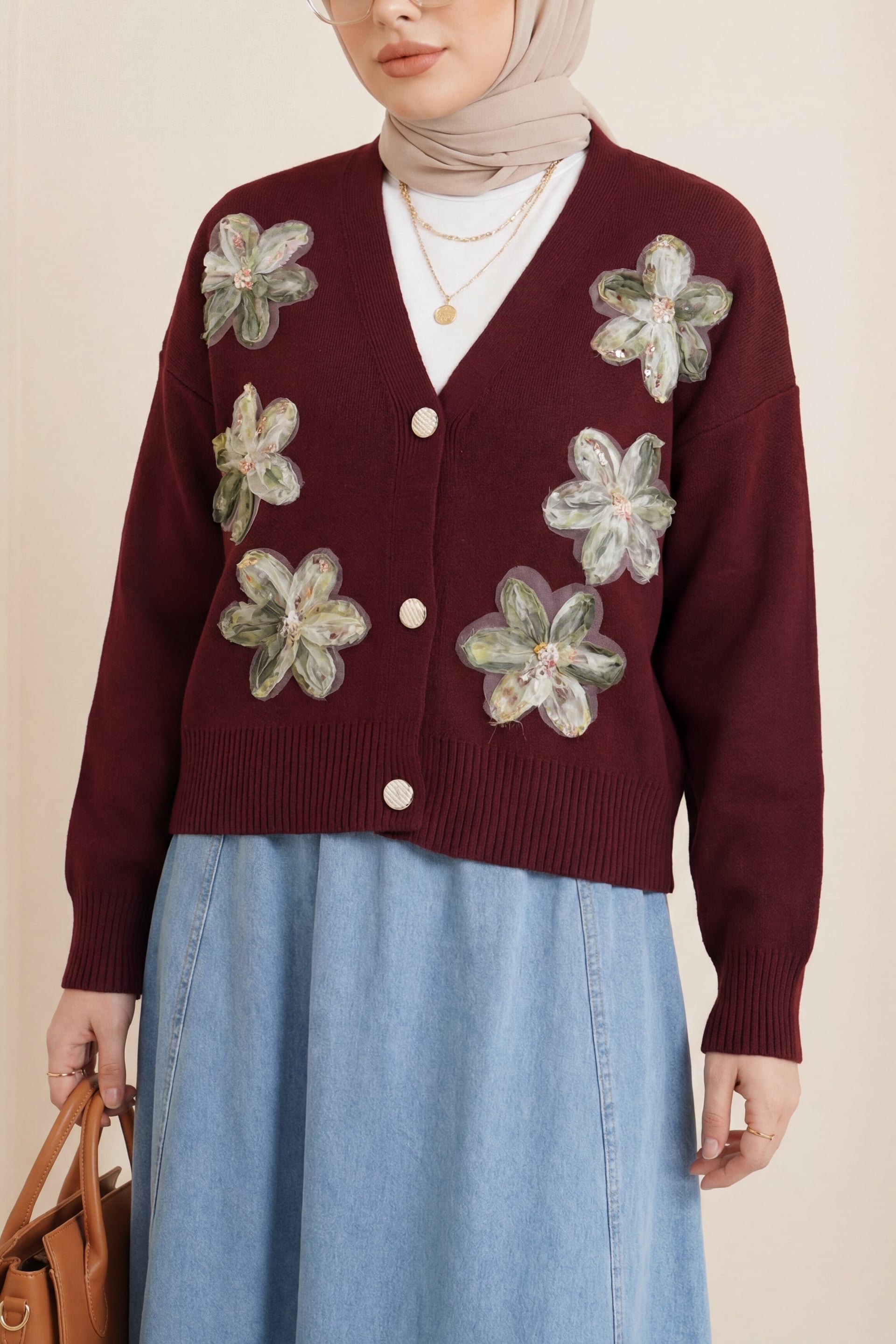 Burgundy Knit Cardigan with Sequin and Floral Details - Podyumplus - by Peralane - photo 4
