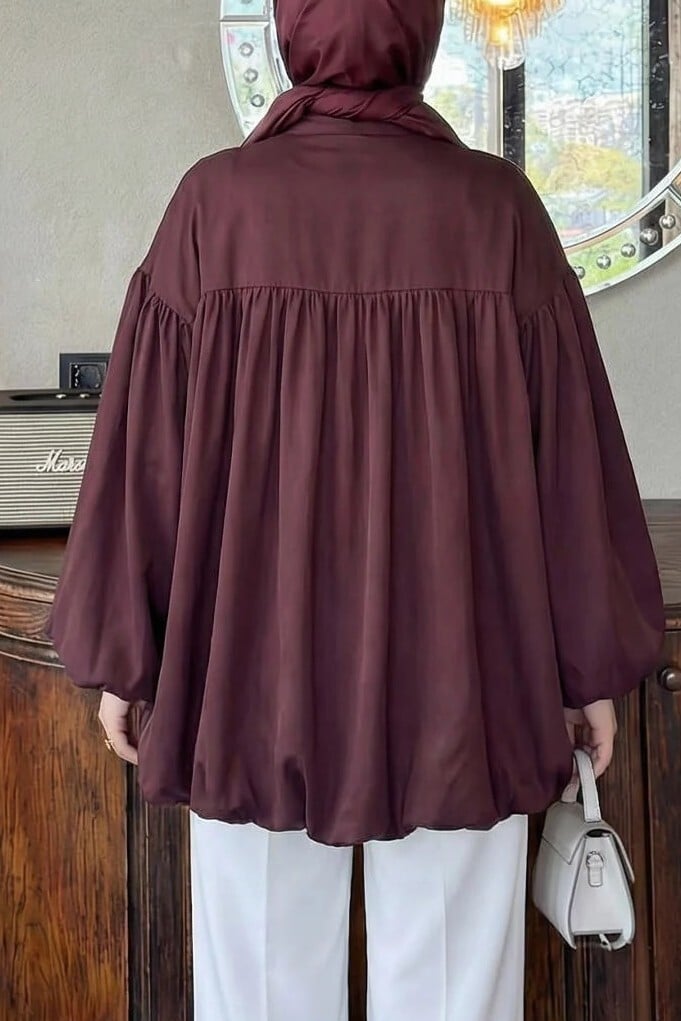 Tie-Neck Button-Front Balloon Sleeve Cupro Tunic - Deep Plum - Podyumplus - by Peralane - photo 8