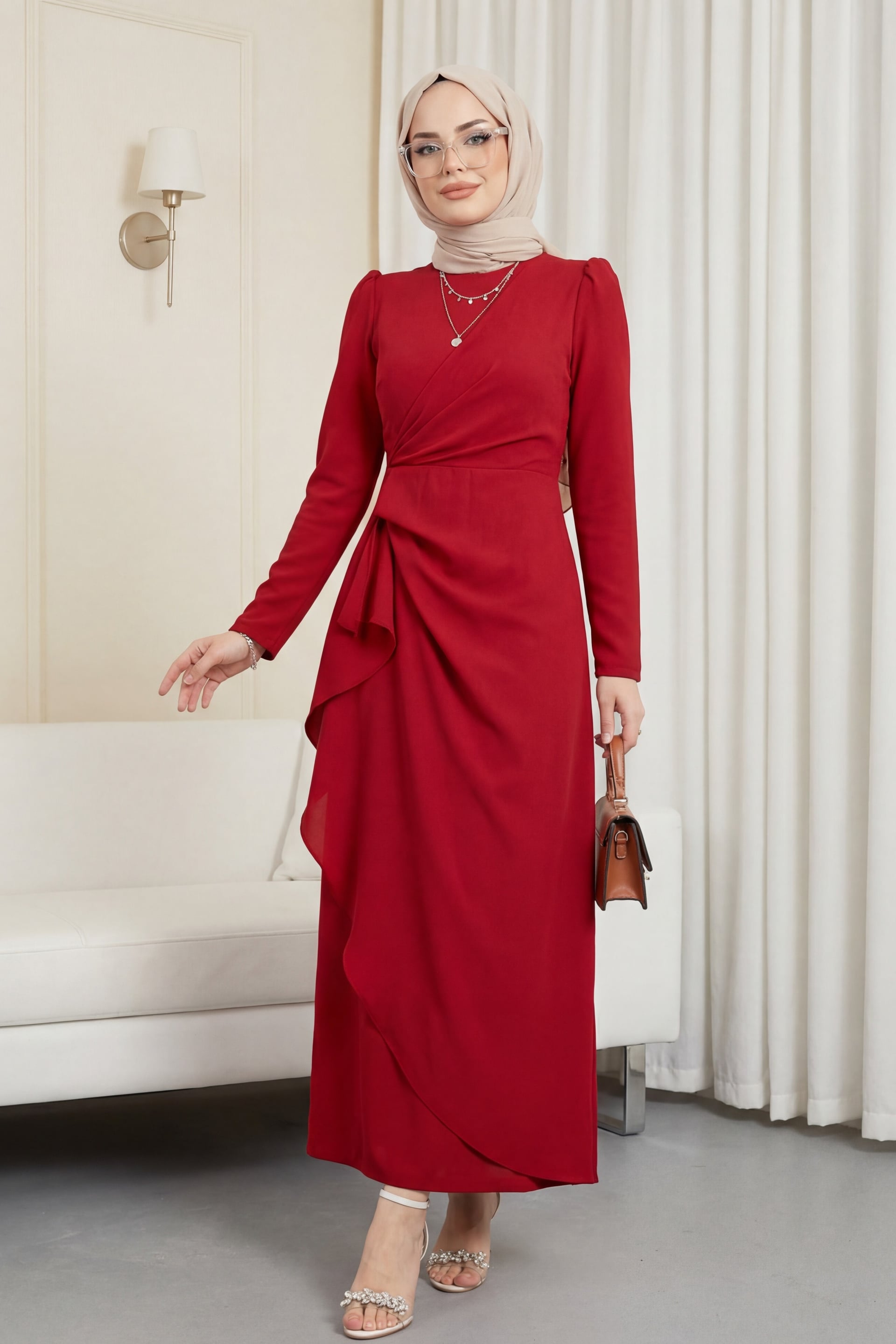 Burgundy Asymmetric Hem Crepe Dress with High Neck - Podyumplus - by Peralane - photo 4