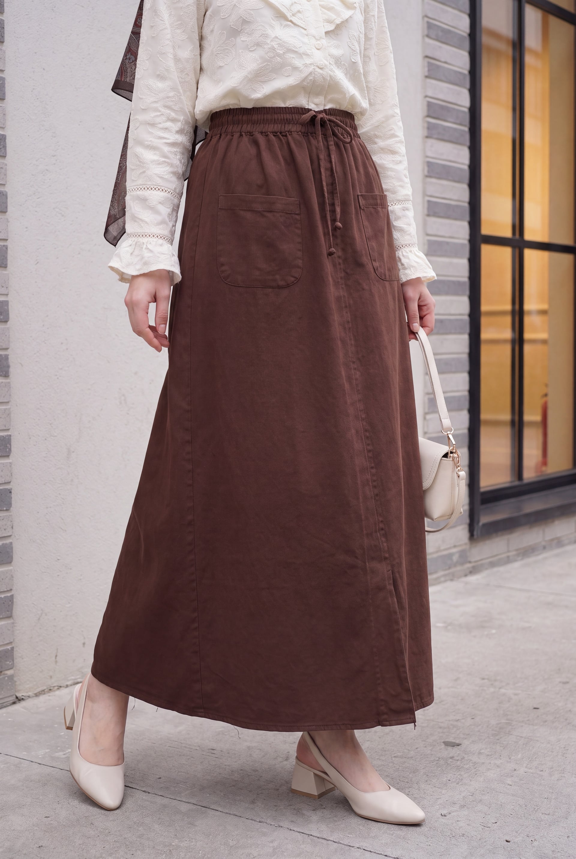 Brown Drawstring Waist Linen-Look Slit Skirt - Podyumplus - by Peralane