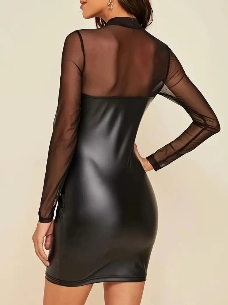 Women's Long Sleeve Mock Neck Tulle Detail Mini Leather Dress - Janes - by Peralane - photo 3