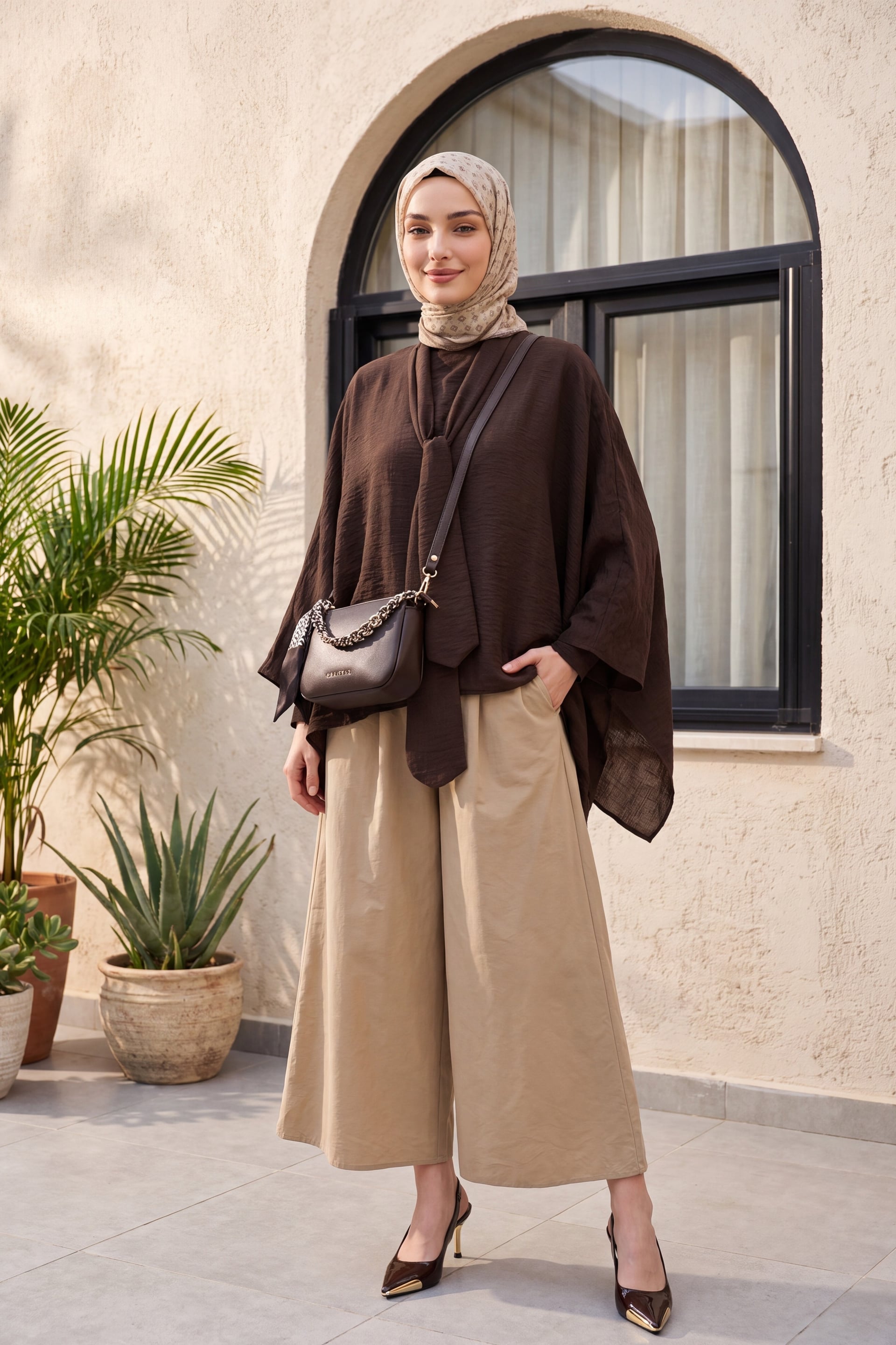 Long Back Belted Relaxed Polyviscose Tunic - Dark Brown - Podyumplus - by Peralane - photo 3