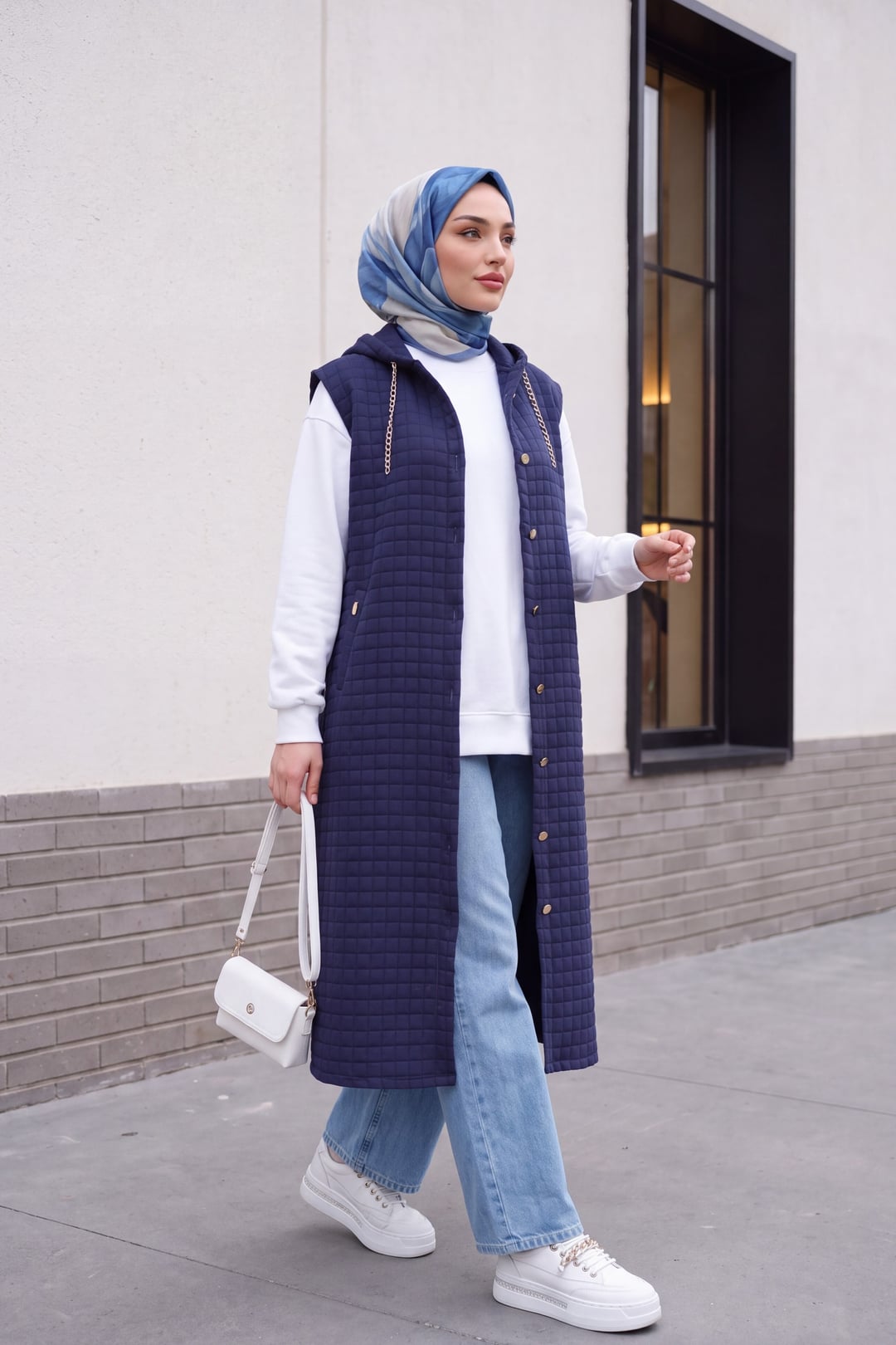 Quilted Long Vest with Hood and Buttons - Navy - Podyumplus - by Peralane - photo 2