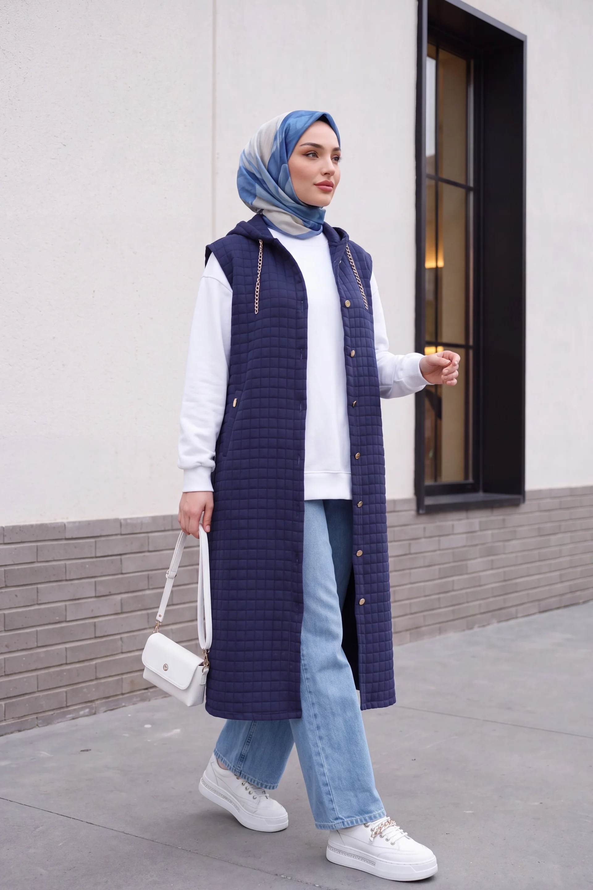 Quilted Long Vest with Hood and Buttons - Navy - Podyumplus - by Peralane - photo 2