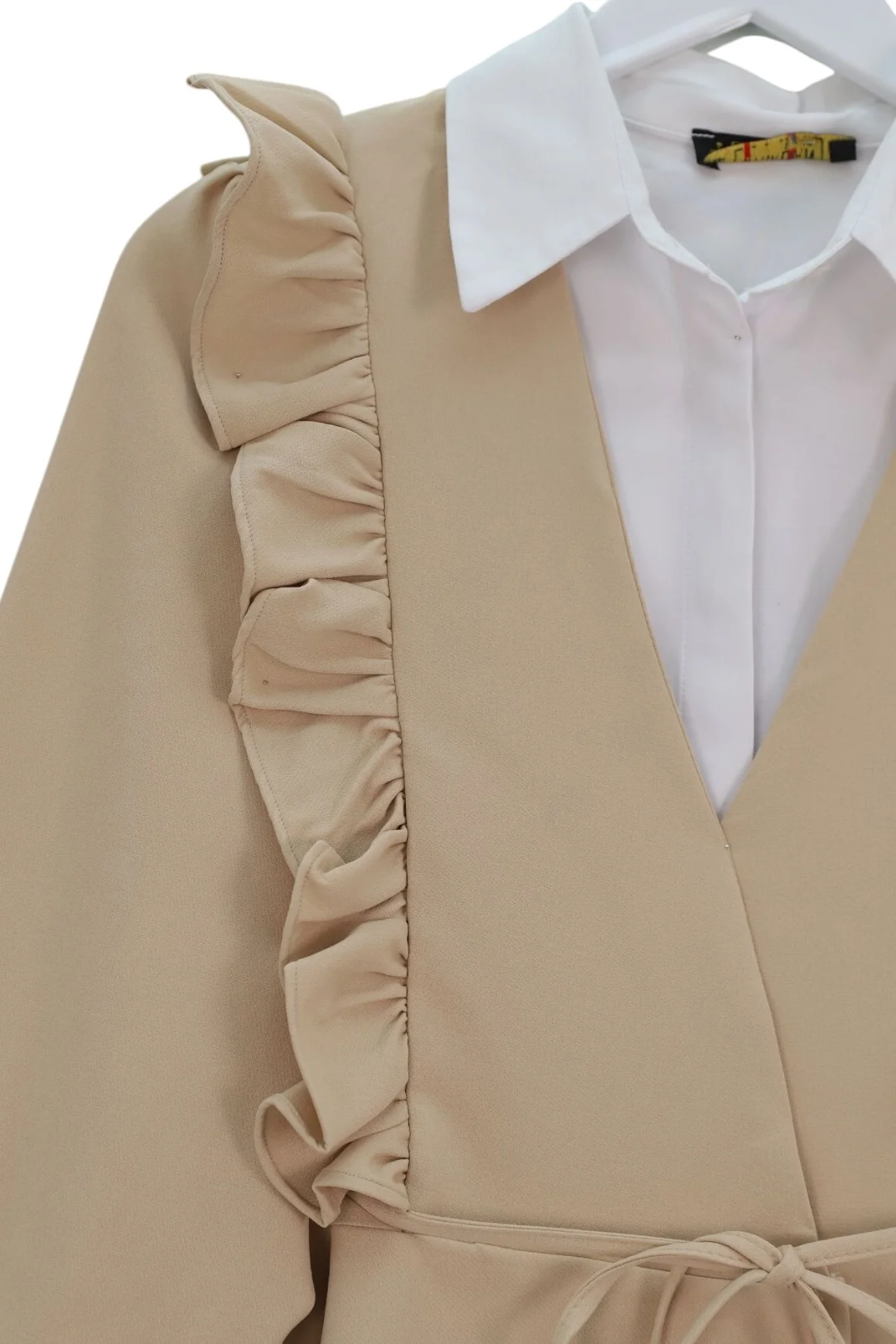 Ruffle Trim Tie-Front Kimono Set with Tiered Trousers - Beige - Podyumplus - by Peralane - photo 4