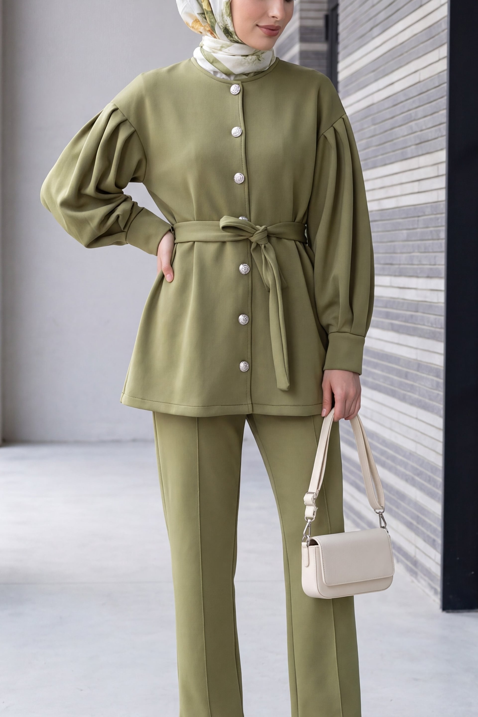 Belted Scuba Two-Piece Set with Top and Straight-Leg Pants - Olive Green - Podyumplus - by Peralane