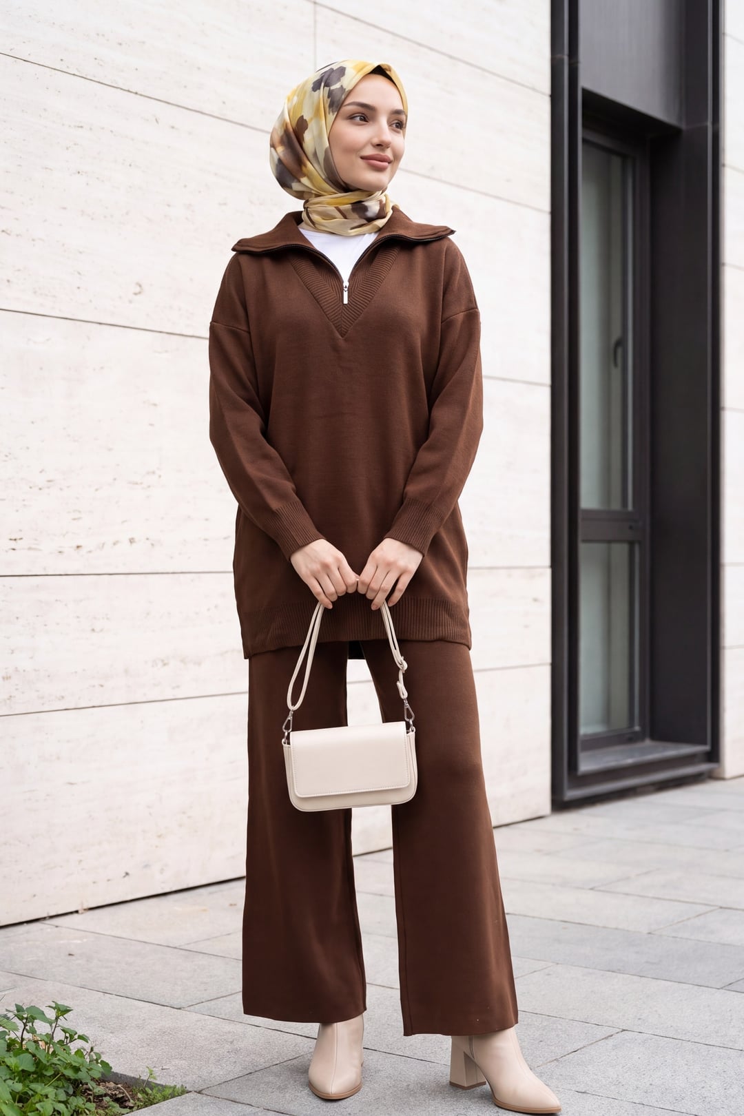 Turtleneck Zip Detail Knit Set - Brown - Podyumplus - by Peralane - photo 2