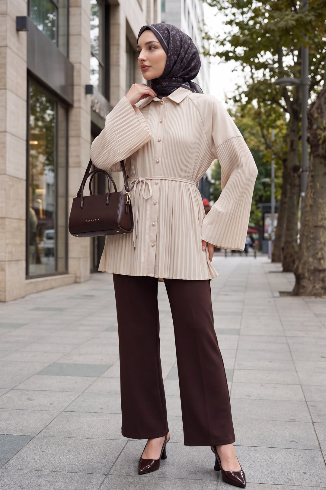 Belted Pleated Poplin Tunic with Stone Buttons - Beige - Podyumplus - by Peralane - photo 3