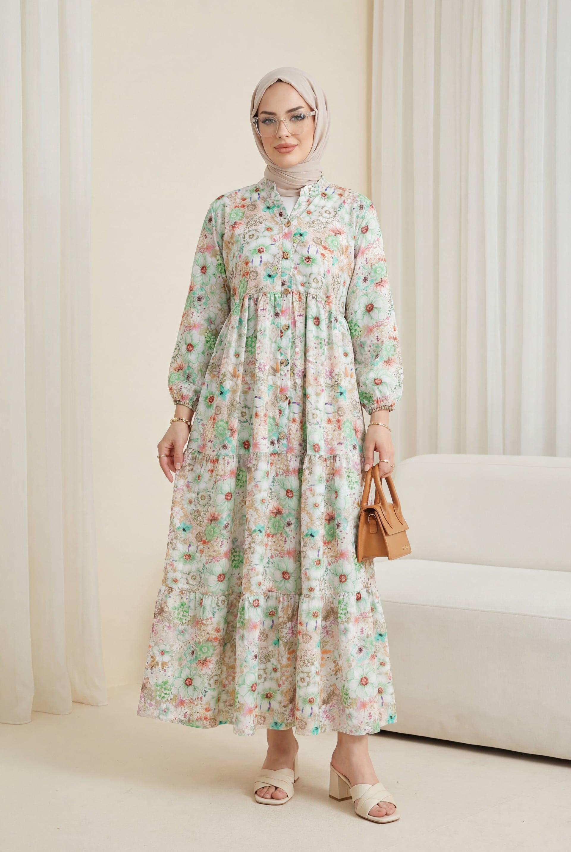 Half Button Balloon Sleeve Batik Print Dress - Green - Podyumplus - by Peralane - photo 2