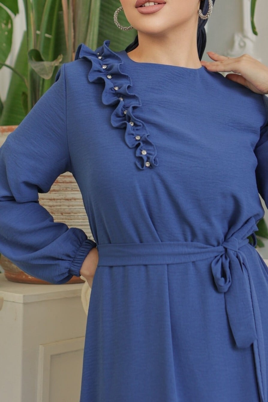 Ruffled Stone Detail Paneled Skirt Belted Ayrobin Dress - Indigo - Podyumplus - by Peralane - photo 4