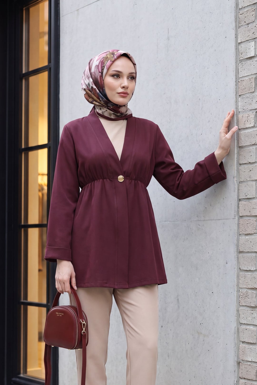 Elasticated Waist Folded Sleeve Single Button Crepe Kimono - Plum - Podyumplus - by Peralane - photo 2