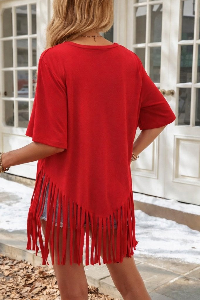 Women's Red Short-Sleeve Fringed Hem Viscose Blouse - Janes - by Peralane - photo 5