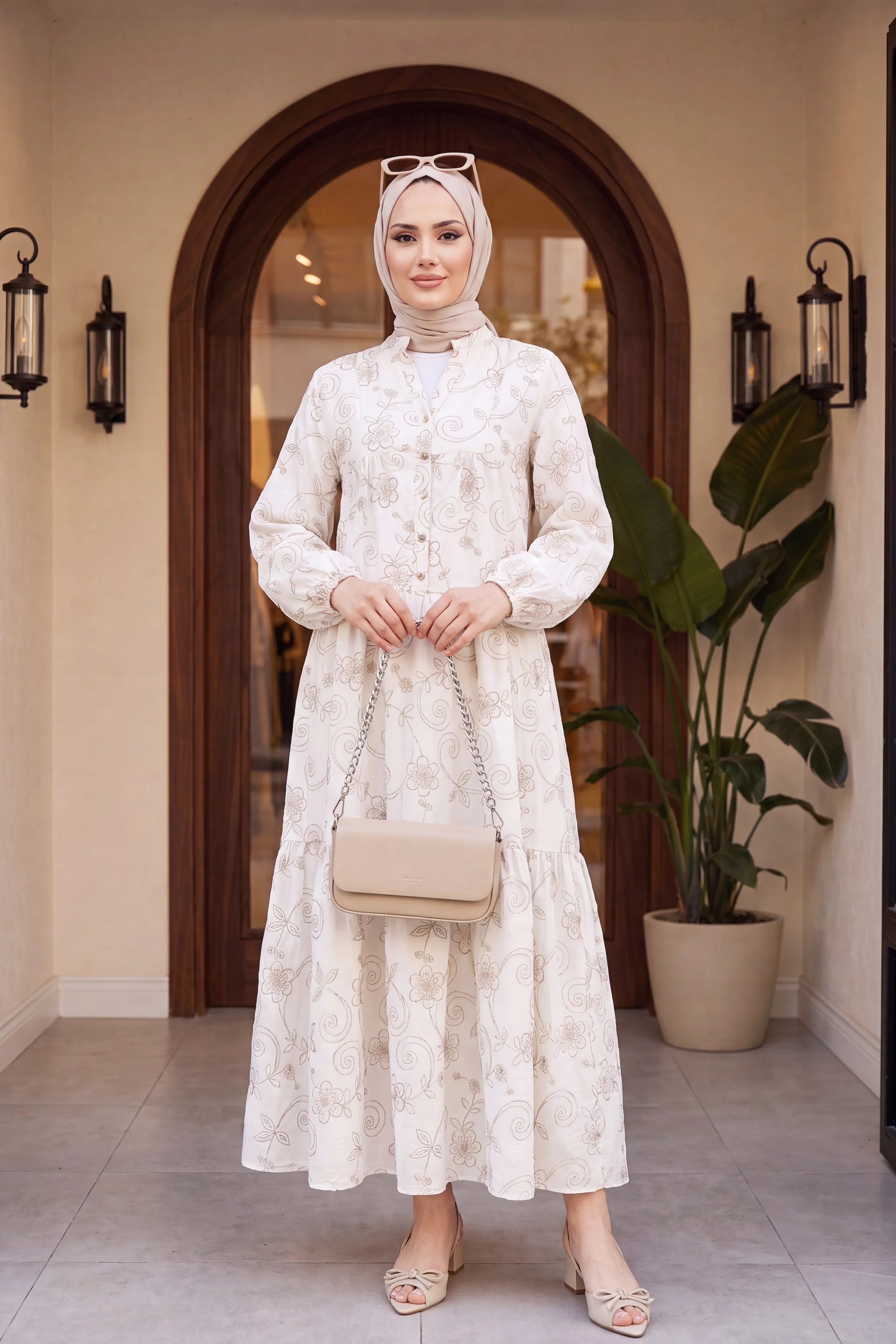 White Floral Jacquard Print Half-Button Long-Sleeve Tiered Dress - Podyumplus - by Peralane - photo 3