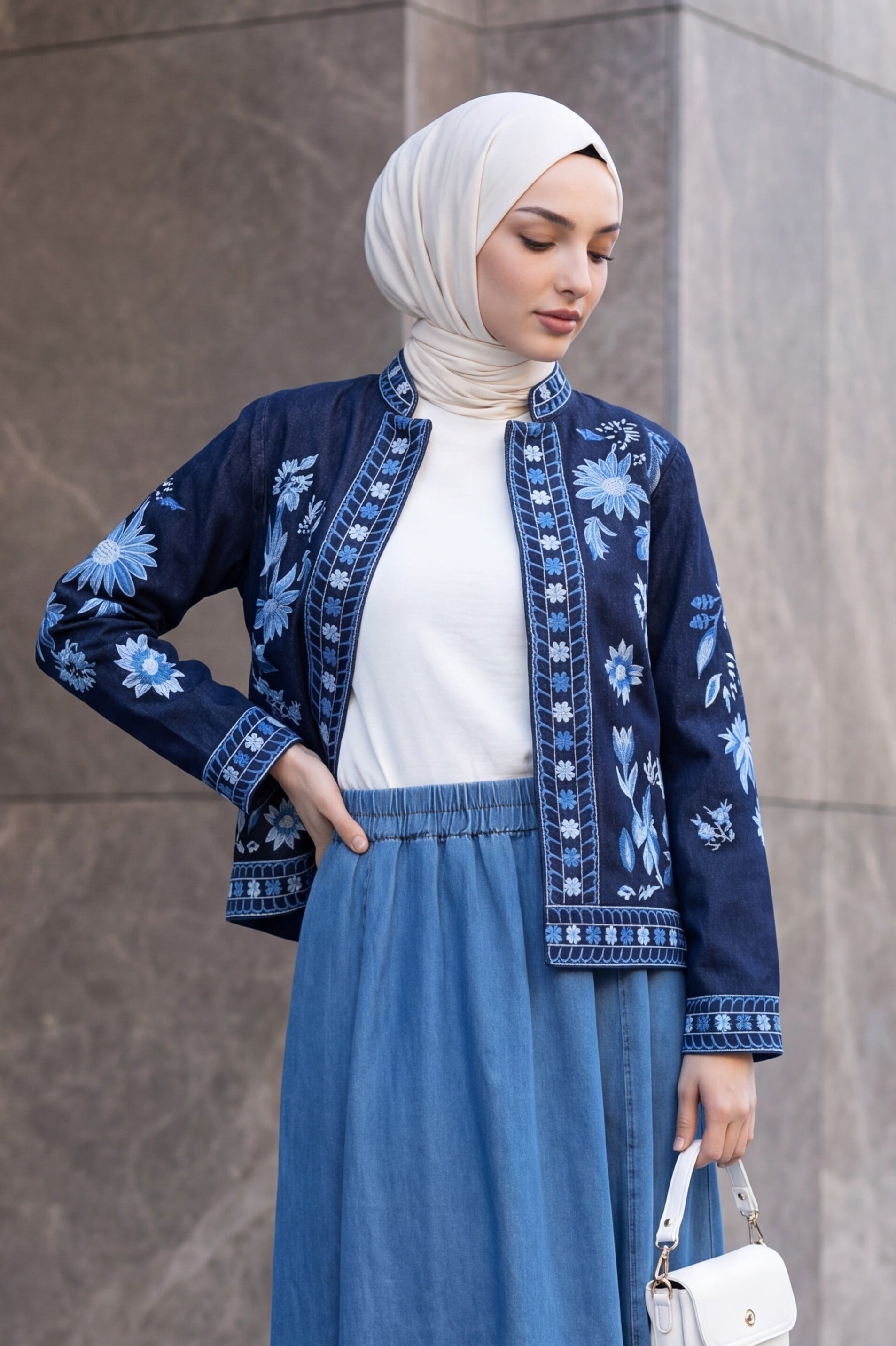 Dark Navy Embroidered Denim Jacket with Notched Collar - Podyumplus - by Peralane - photo 2