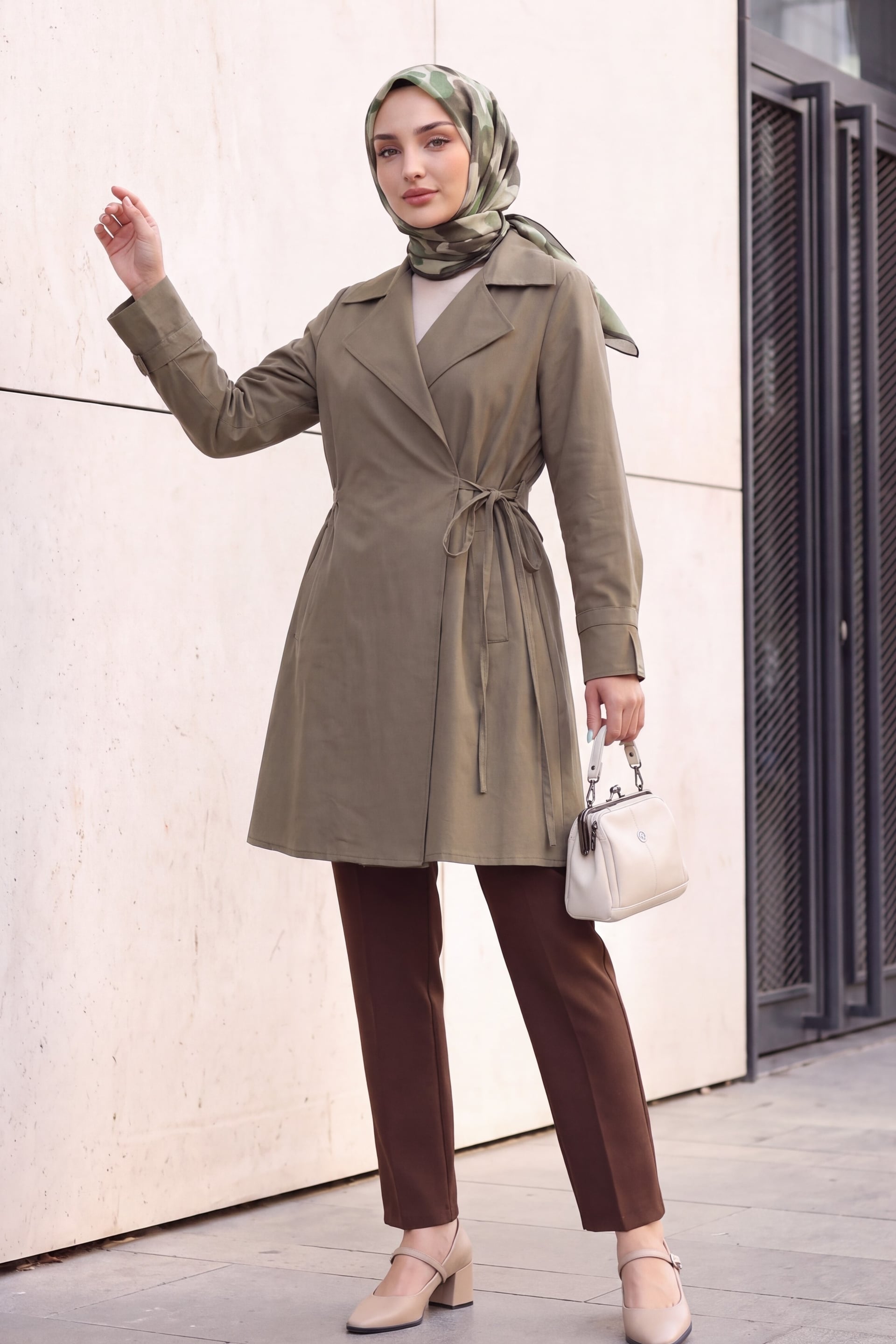 Side Lace-Up Kimono Trench Coat with Slits - Olive Green - Podyumplus - by Peralane - photo 3