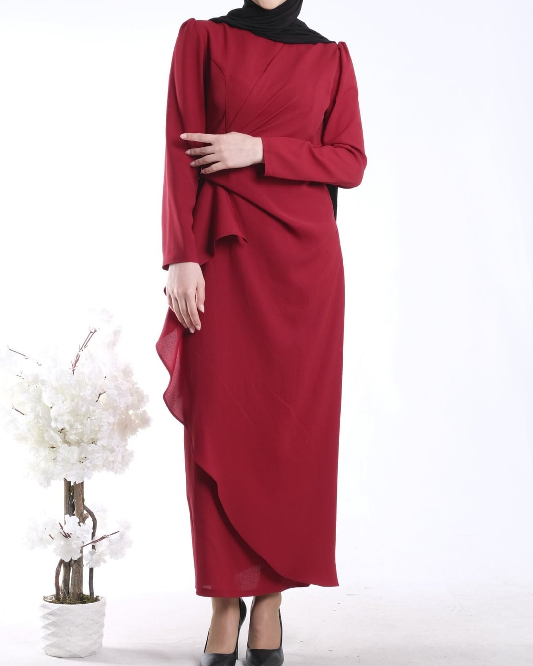 Asymmetric Hem Krep Dress with Front Drape - Red - Podyumplus - by Peralane - photo 4