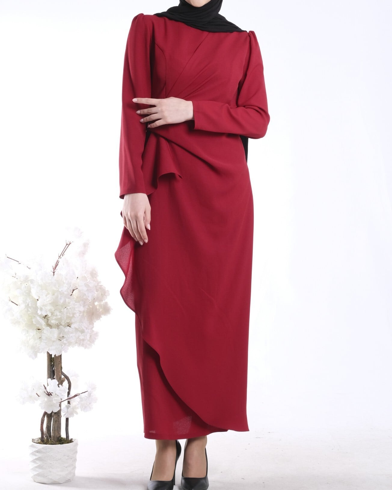 Asymmetric Hem Krep Dress with Front Drape - Red - Podyumplus - by Peralane - photo 4