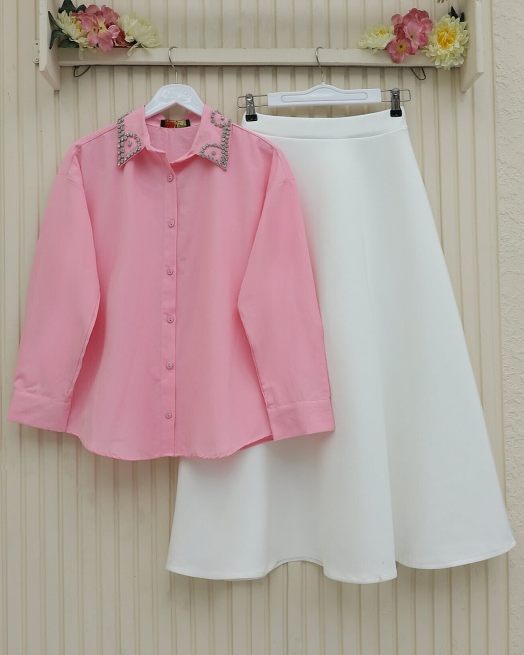 Stone Detailed Buttoned Loose Fit Blouse - Pink - Podyumplus - by Peralane - photo 7