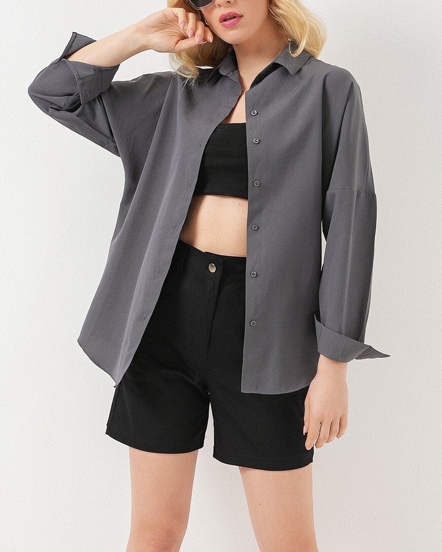 Women's Grey Solid Oversize Long Basic Shirt - Bigdart - by Peralane - photo 5