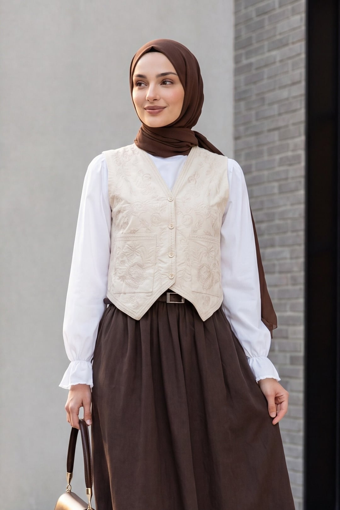 Double Pocket Button Embroidered Asymmetric Cut Linen Vest - Beige - Podyumplus - by Peralane