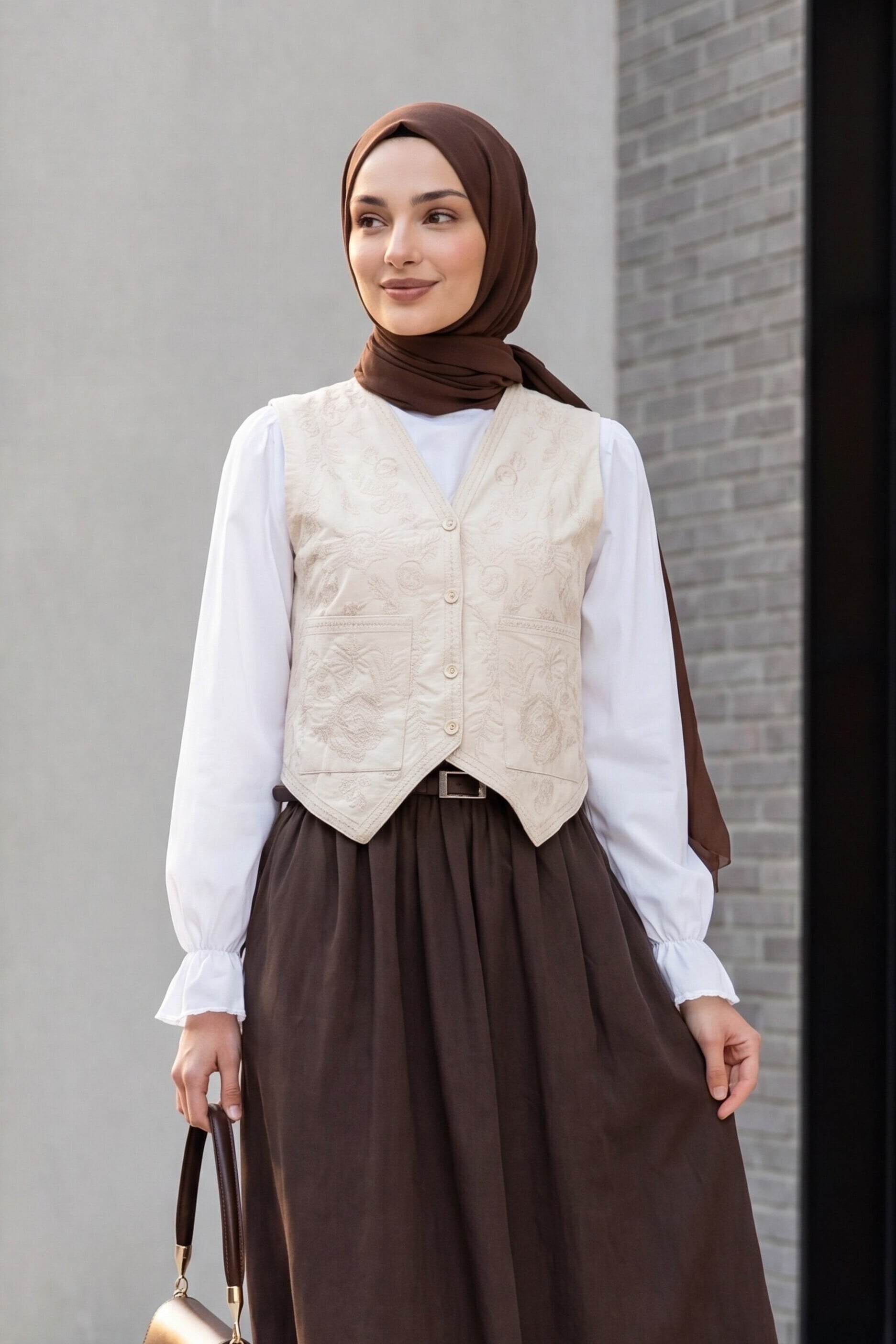 Double Pocket Button Embroidered Asymmetric Cut Linen Vest - Beige - Podyumplus - by Peralane