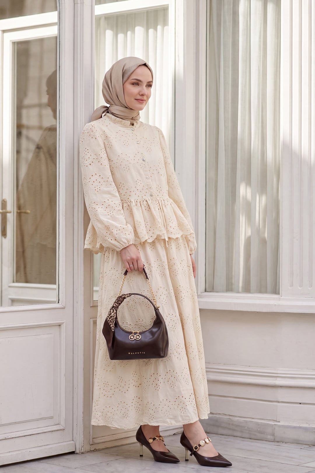 Women's Cotton and Polyester Two-Piece Set with Eyelet Embroidery - Beige - Podyumplus - by Peralane - photo 3