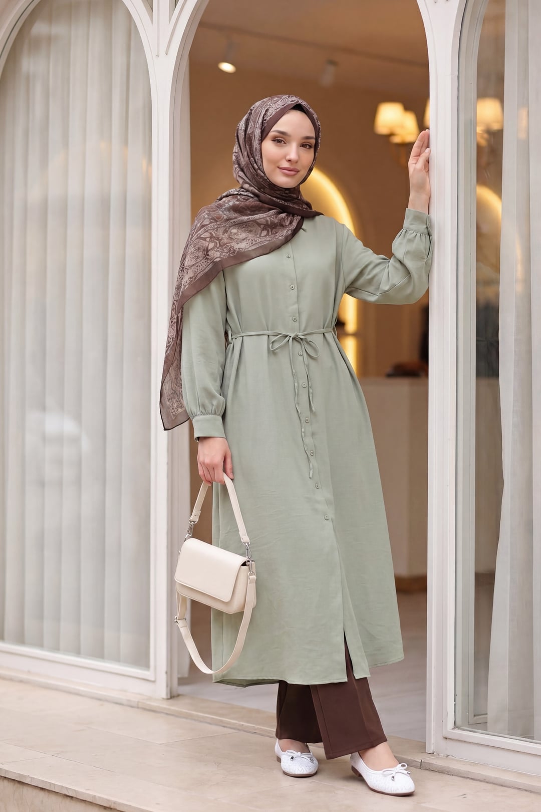 Long Modal Tunic with Button Front and Tie Waist - Sage Green - Podyumplus - by Peralane