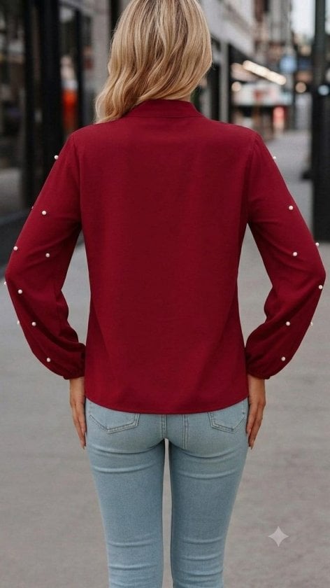 Women's Long-Sleeve Pussy-Bow Blouse with Pearl Embellishments - Maroon - Janes - by Peralane - photo 3