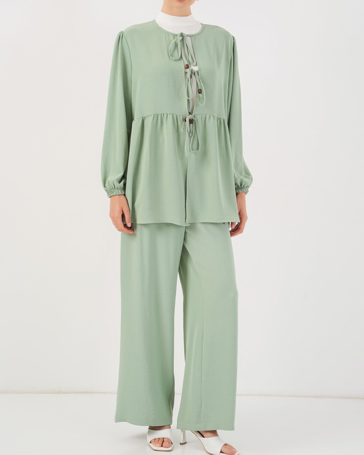 Women's Front Lace-Up Tunic and Wide-Leg Trouser Two-Piece Set in Mint - Bigdart - by Peralane - photo 3