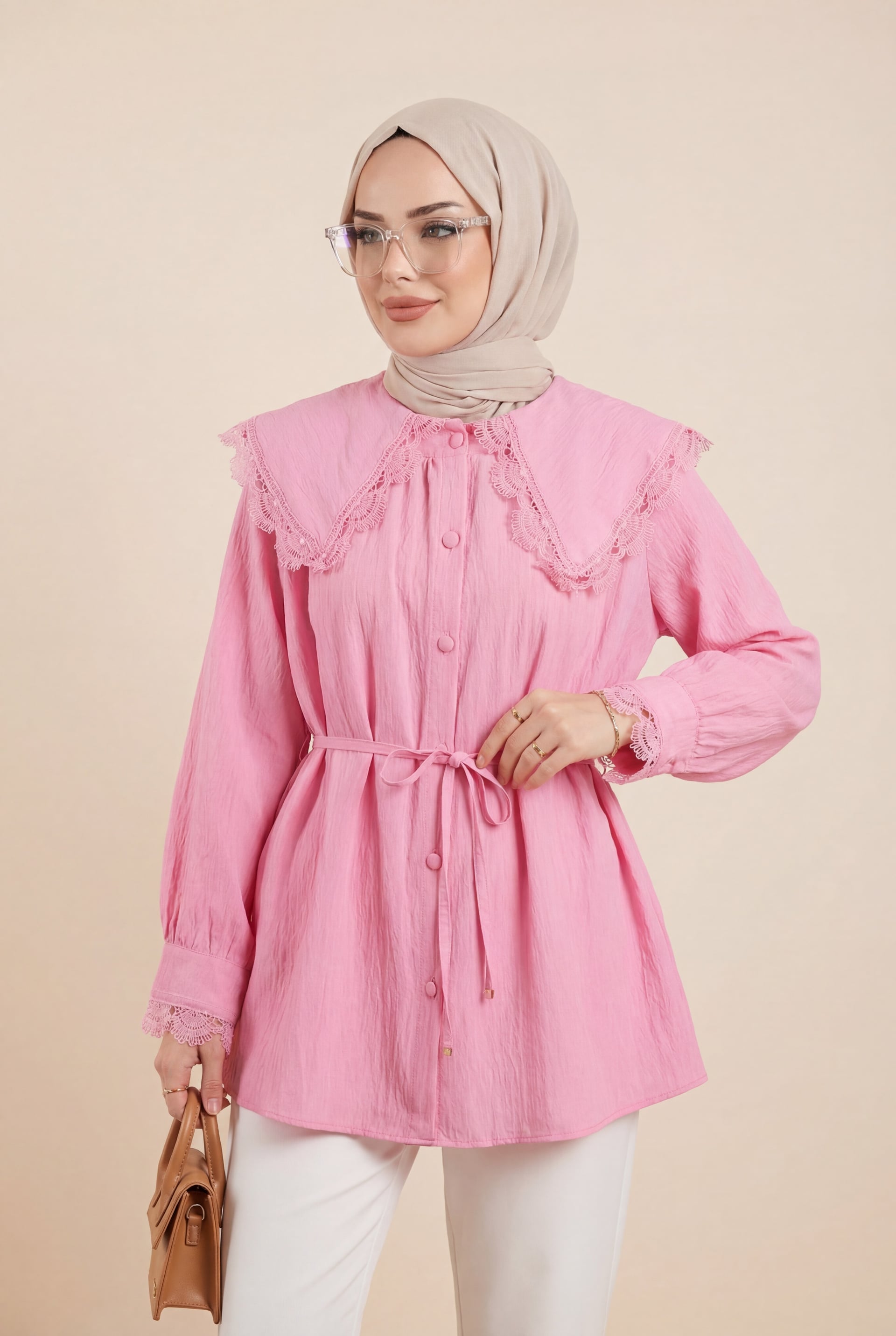 Pink Baby Collar Modal Tunic with Lace Trim and Tie Belt - Podyumplus - by Peralane - photo 4