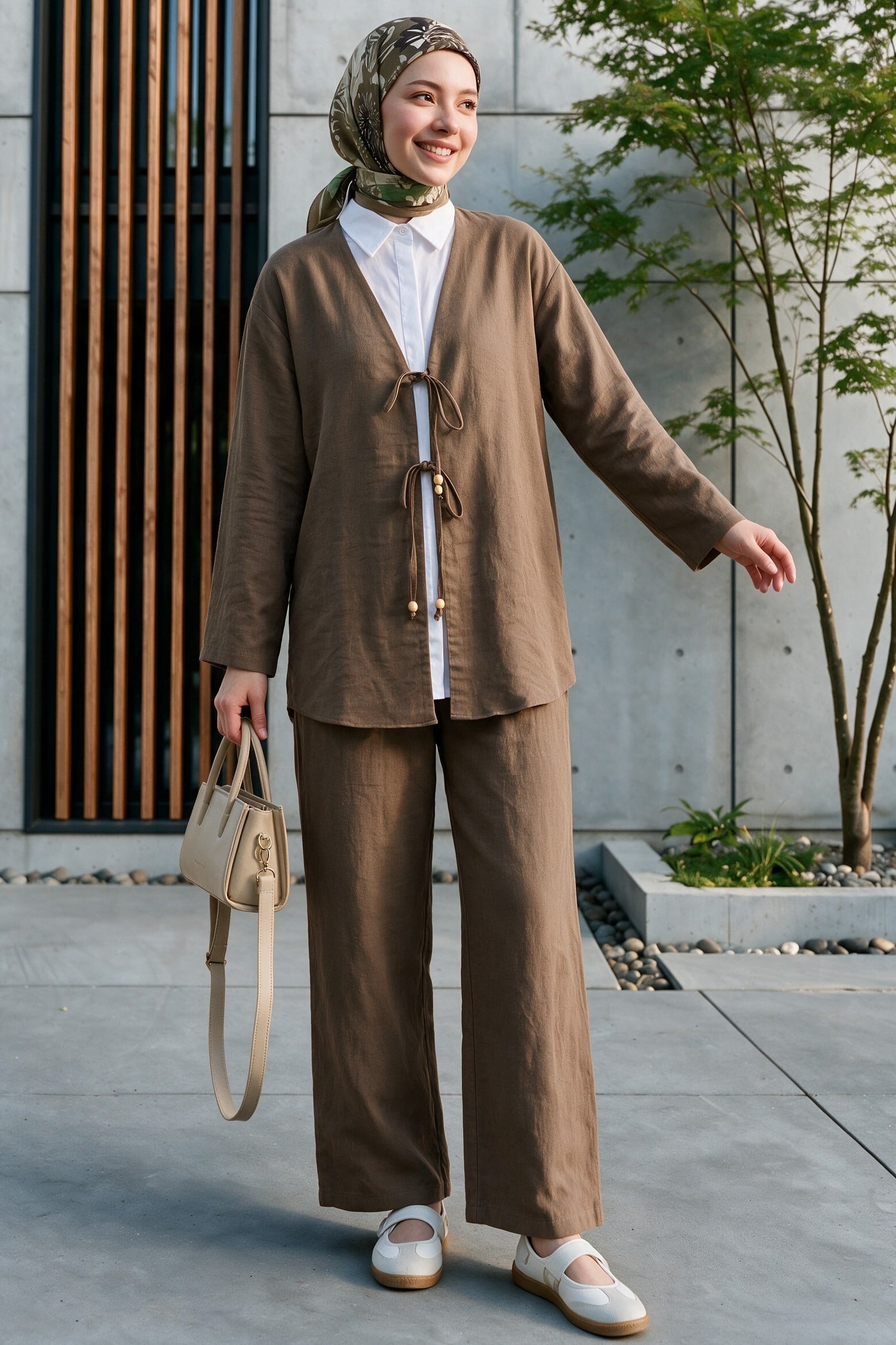 Double Tie-Front Kimono Set with Trousers - Light Brown - Podyumplus - by Peralane - photo 2