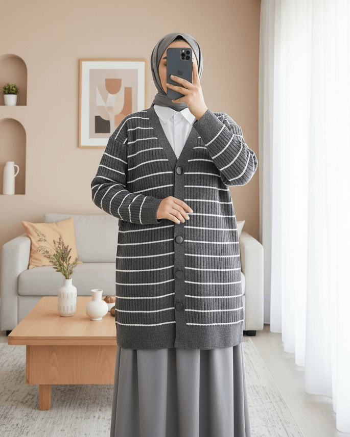 Ribbed Buttoned Long Knit Cardigan - Smoke - Podyumplus - by Peralane - photo 2