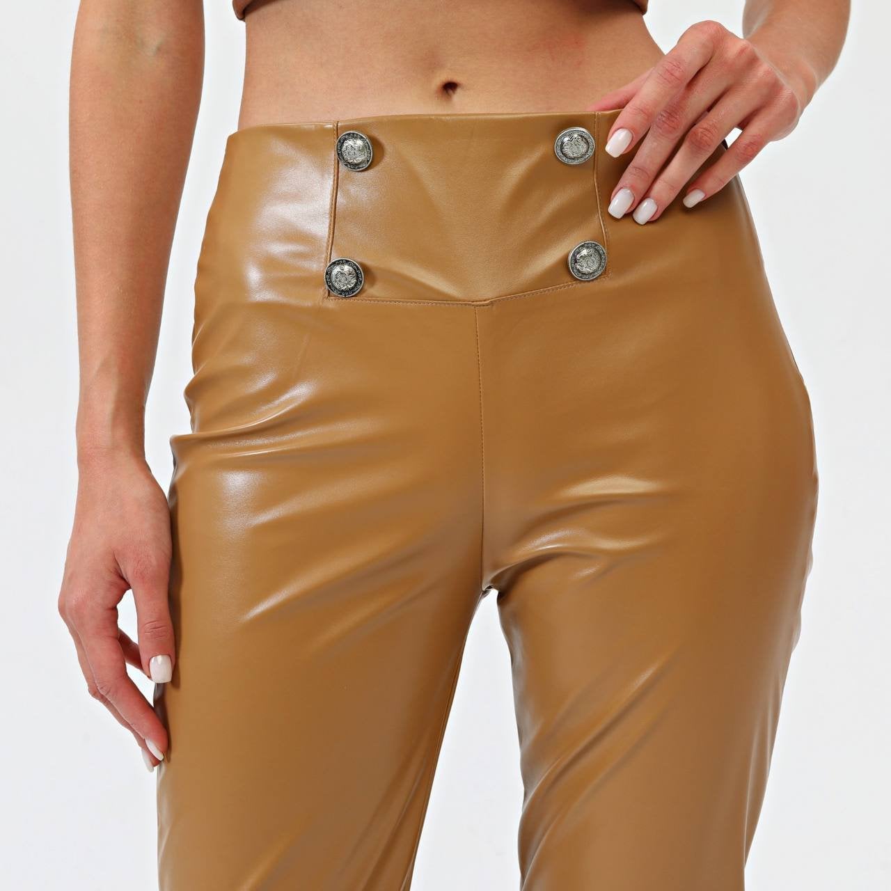 Women's High Waist Faux Leather Trousers with Double Button Closure - Ouz Fashion - by Peralane - photo 3